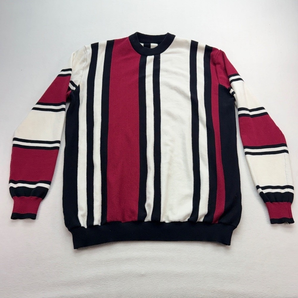 Vintage Vertical Striped Sweater Mens XL Black White Red Crewneck Knit Pullover